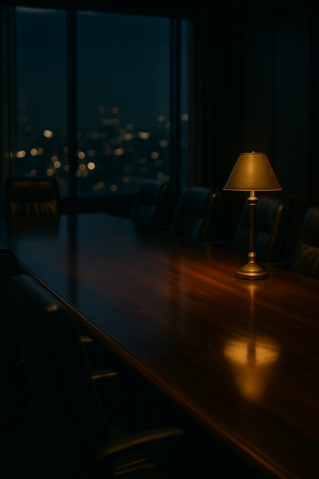 A quiet executive boardroom at night, walnut table reflecting city lights
